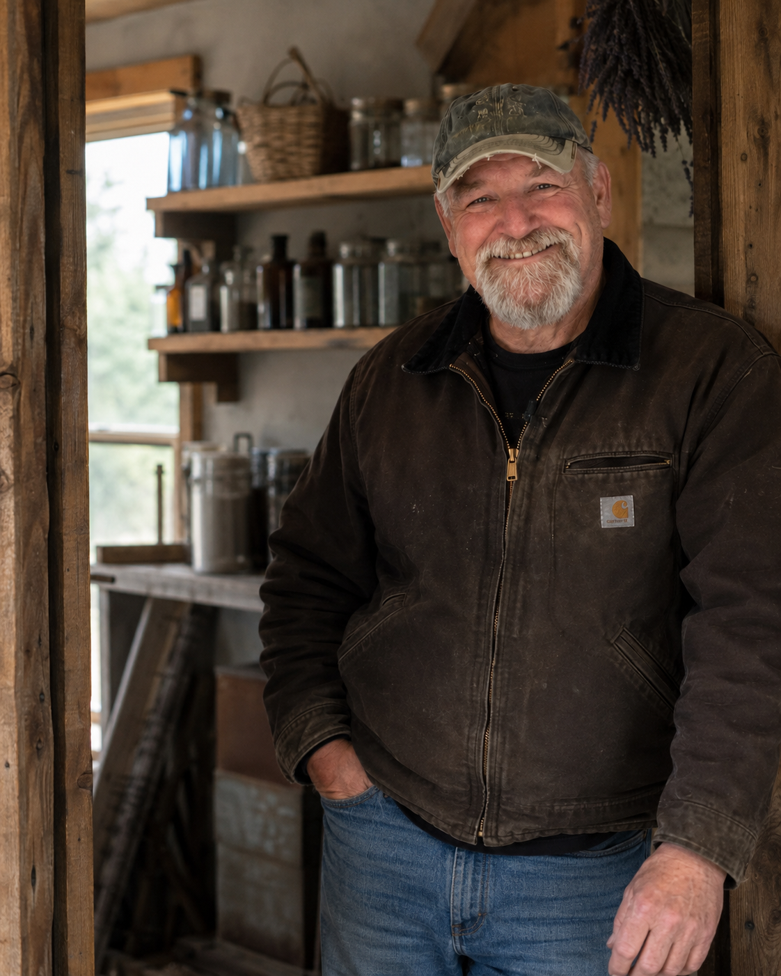 Grandpa holding a jar of homemade natural remedy at his workbench