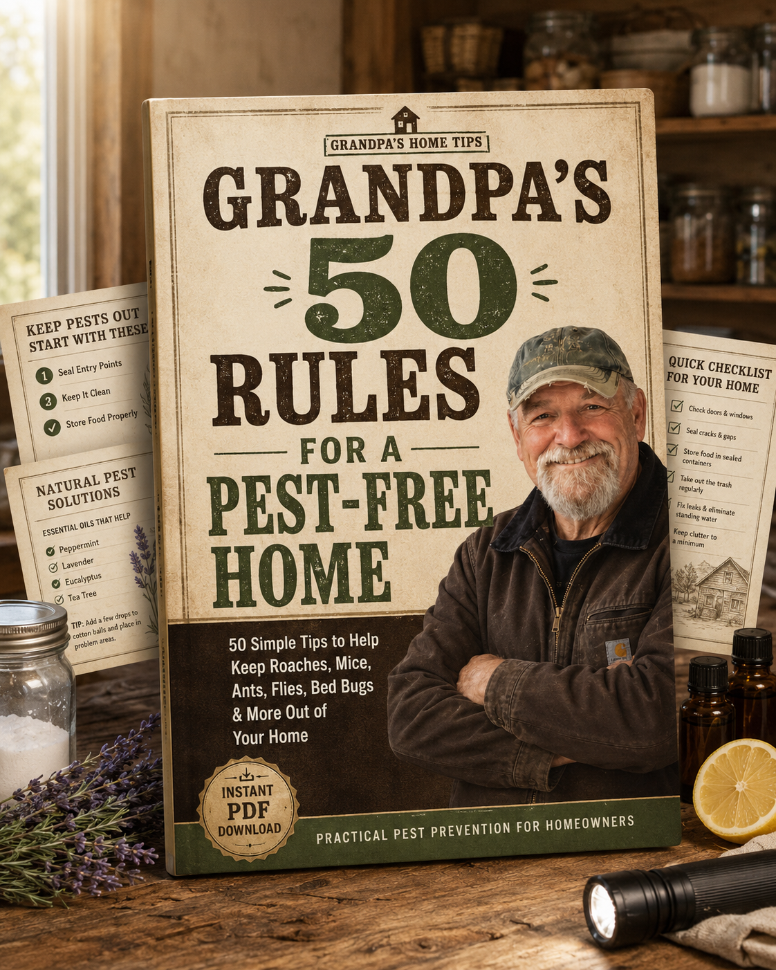 Grandpa's 50 Rules for a Pest-Free Home guide on a wooden workbench