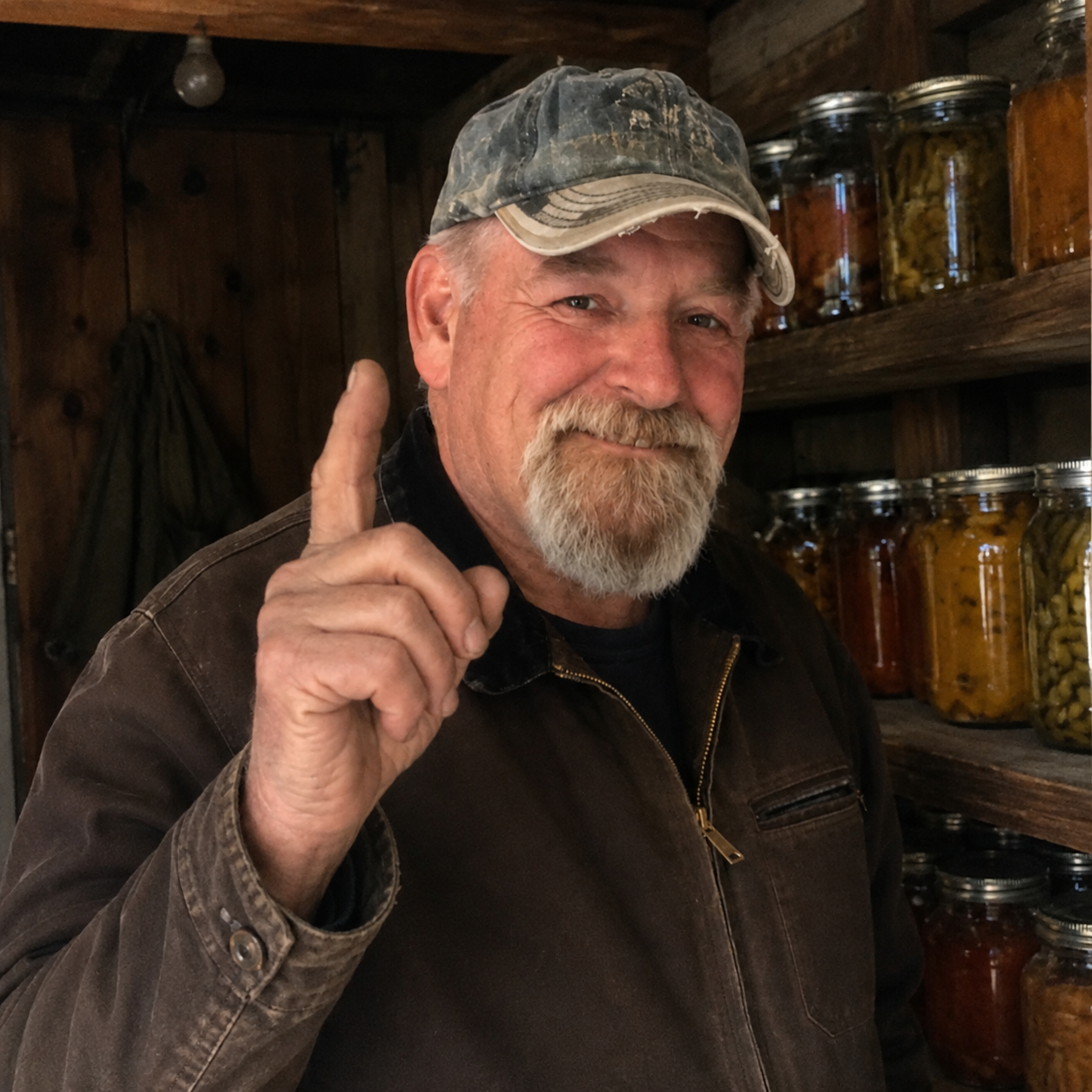 Grandpa pointing a finger, making a point in his pantry